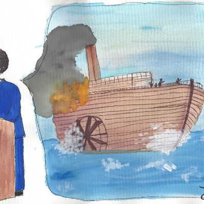 Bild vergrößern: Auf dem Bild hlt ein Mann eine Rede am Rednerpult. In seiner Sprechblase  ist ein Schiff auf dem Meer zu sehen.